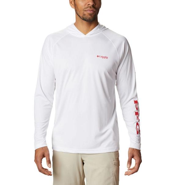 Columbia PFG Terminal Tackle Hoodies White Red For Men's NZ47932 New Zealand